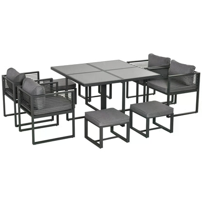 Outsunny Nine-Piece Aluminium Garden Set, with Glass-Top Table - Grey