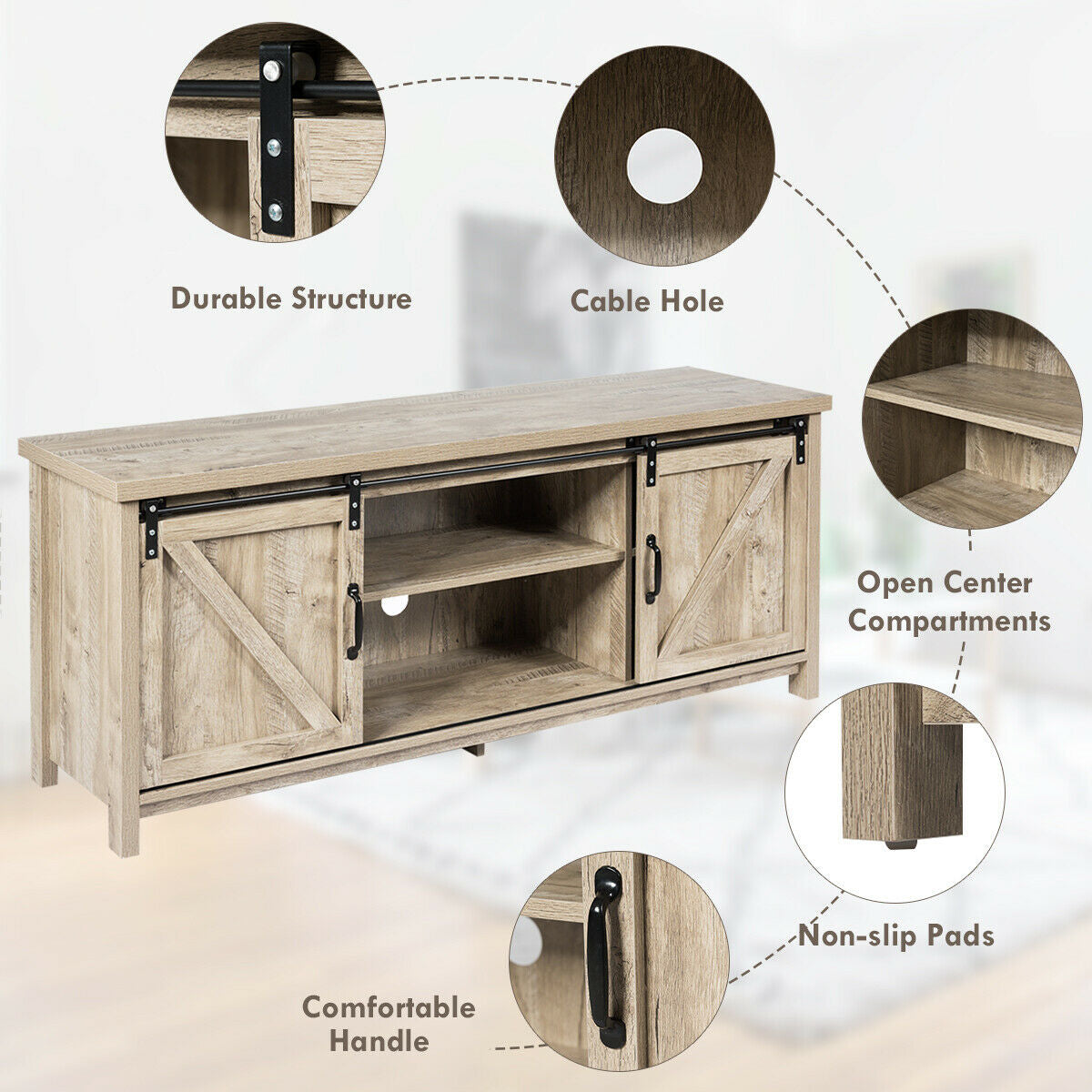 Wooden TV Stand for 65” Television with 2 Cabinets