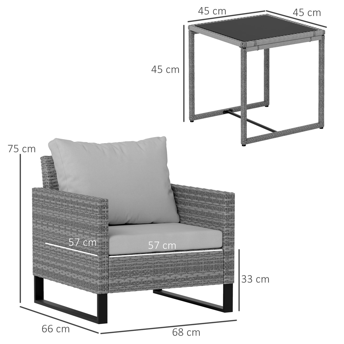 Zestaw Outsunny 3-częściowy z rattanu, 4 poduszki, zestaw mebli ogrodowych z wikliny, szklany stolik kawowy i krzesła na patio, balkon, taras i do ogrodu zimowego, kolor szary