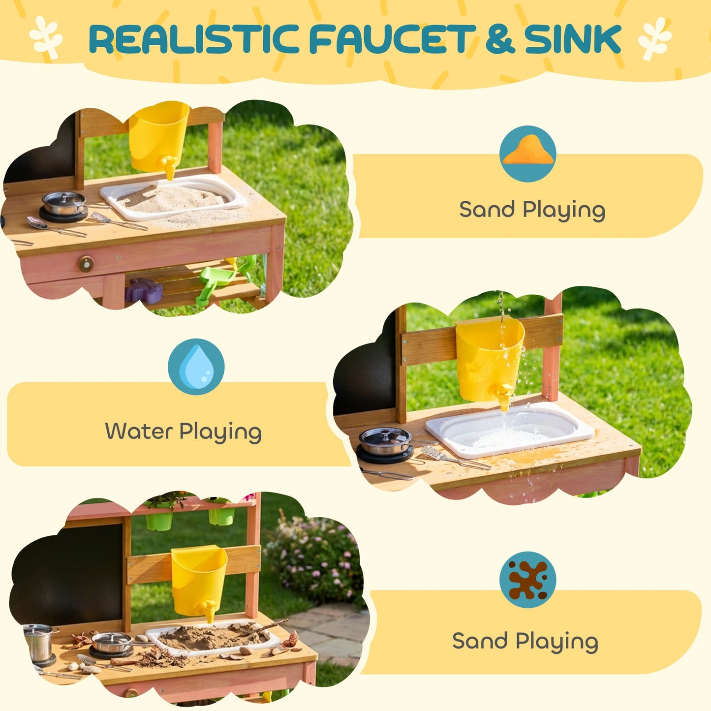 AIYAPLAY Kids Mud Kitchen with Canopy, Outdoor Wooden Play Kitchen with Planter Box, Accessories for Age 3-6, Pink