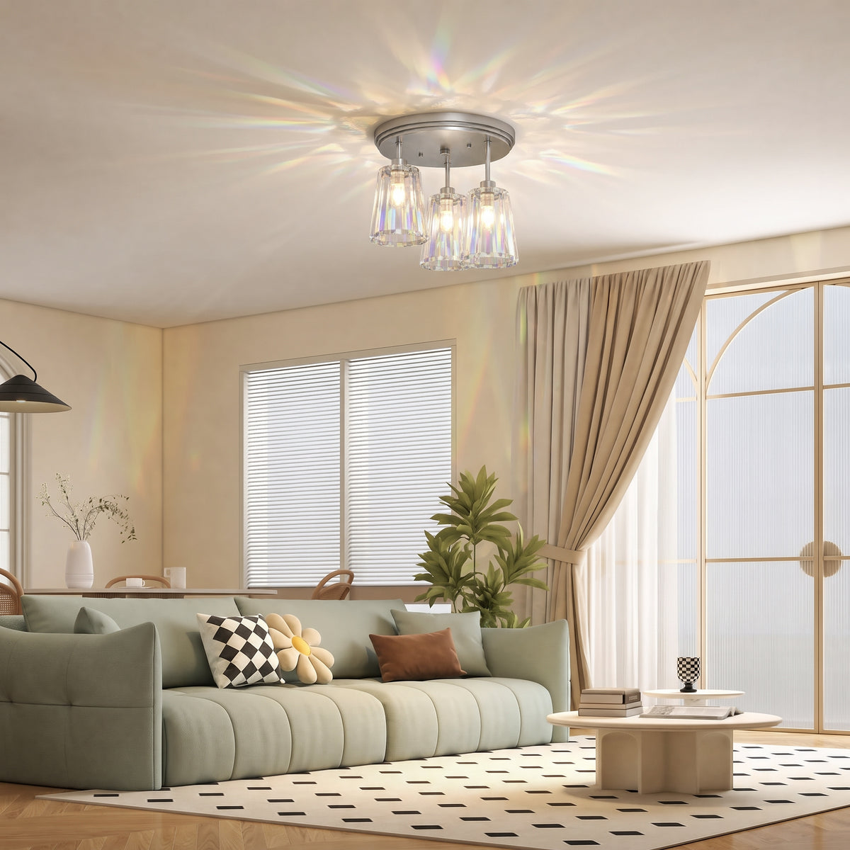 HOMCOM 3-Light Crystal Glass Ceiling Light, 40W, 3 E27 Sockets, Dual Mounting, Bulb Not Included, Silver