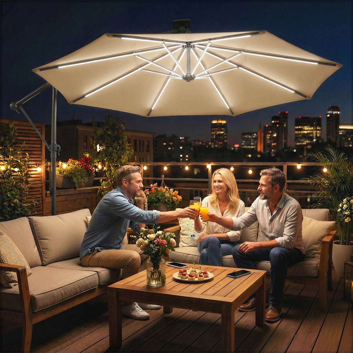 Outsunny 3 m Garden Cantilever Parasol with LED Solar Light, Round Overhanging Umbrella with 360° Rotation, Cover, Khaki