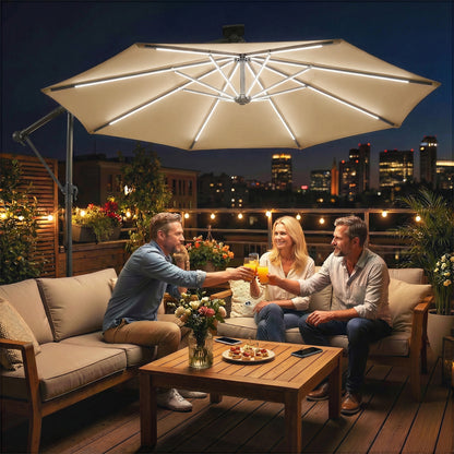 Outsunny 3 m Garden Cantilever Parasol with LED Solar Light, Round Overhanging Umbrella with 360° Rotation, Cover, Khaki