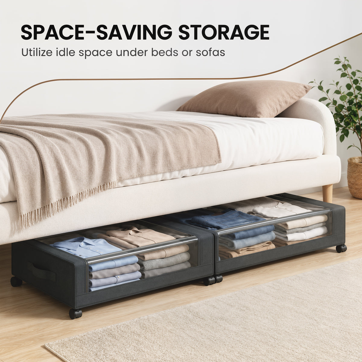 HOMCOM 40L Under Bed Storage On Wheels Pack of 2, Fabric Rolling Under Bed Drawers with Clear Lid, Zip, Steel Frame, Black