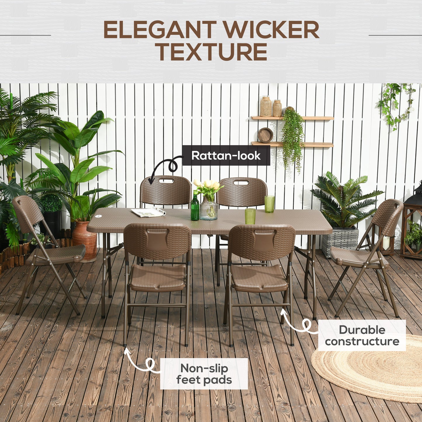 Zestaw jadalny Outsunny 6 Seater Rattan, zestaw mebli ogrodowych z HDPE, stół jadalny i krzesła z 6 fotelami, prostokątny plastikowy blat stołu na patio, balkon, ciemny brąz