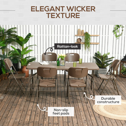Zestaw jadalny Outsunny 6 Seater Rattan, zestaw mebli ogrodowych z HDPE, stół jadalny i krzesła z 6 fotelami, prostokątny plastikowy blat stołu na patio, balkon, ciemny brąz