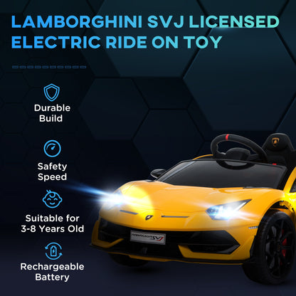 HOMCOM Lamborghini Aventador Licensed 12V Kids Electric Ride On Car Racing Car Toy with Parental Remote Control Battery-powered 2 Motors Music Lights for 3-8 Years Old Yellow