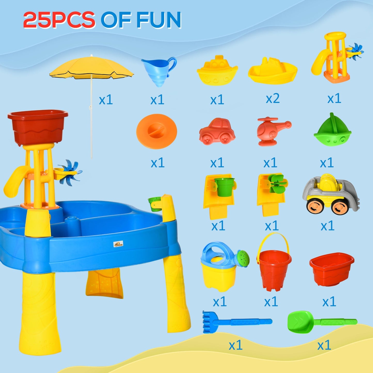 2 in 1 Sand and Water Table w/ Accessories, Adjustable Parasol - Multicoloured