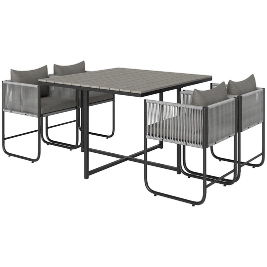 Zestaw mebli ogrodowych Outsunny 4 Seater Rattan Cube, zestaw jadalny z rattanu z poduszkami, stół jadalny i krzesła zewnętrzne z prostokątnym blatem z tworzywa sztucznego o strukturze drewna na patio, balkon, szary