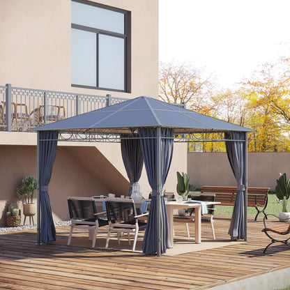 Outsunny 3 x 3(m) Hardtop Gazebo Canopy with Polycarbonate Roof, Permanent Pavilion Garden Gazebo with Curtains for Patio, Deck, Grey