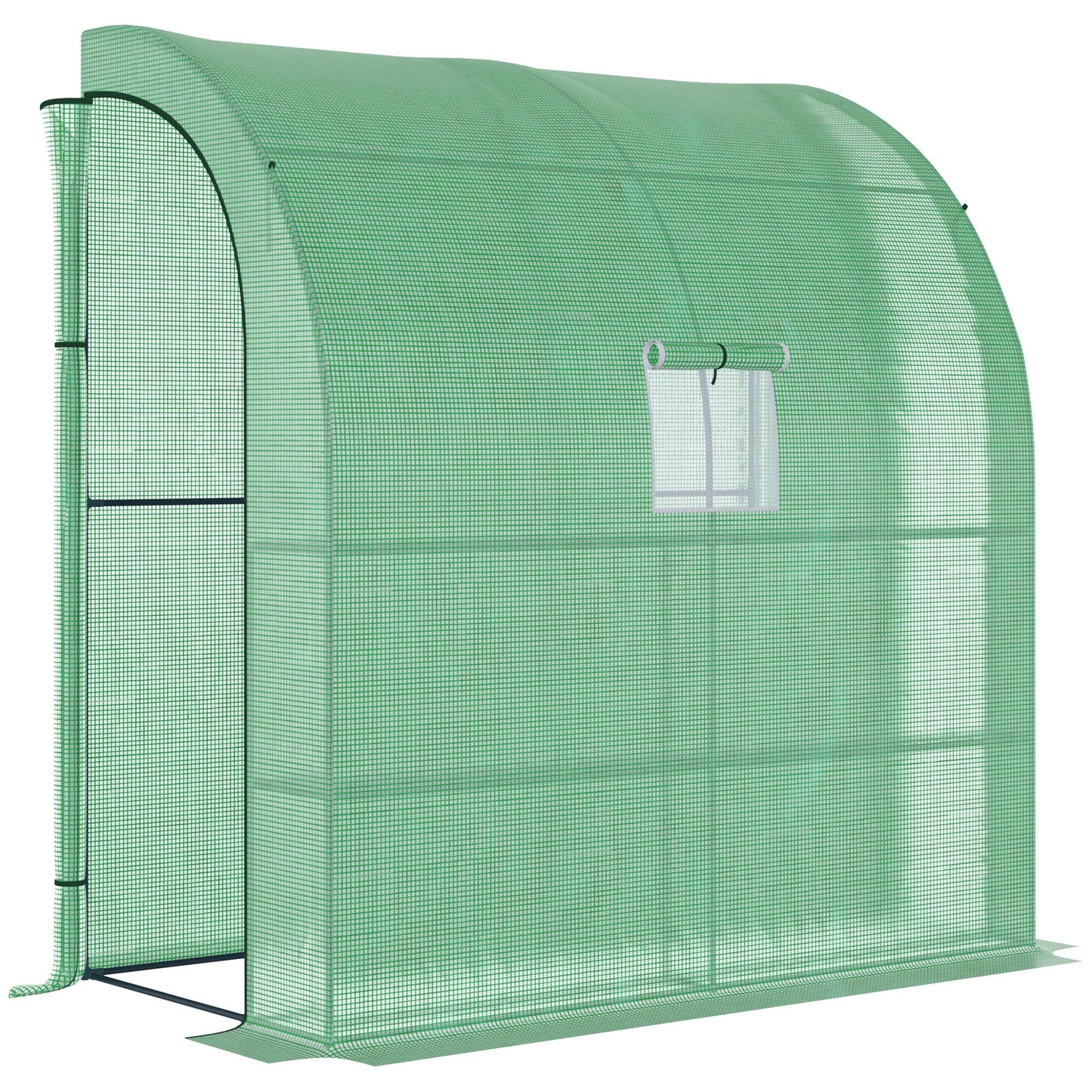 Outsunny Walk-In Lean to Wall Szklarnia z Oknami i Drzwiami, Zewnętrzna Szklarnia z 3 Poziomami 4 Półkami Drucianymi, 200L x 100W x 215Hcm, Zielony