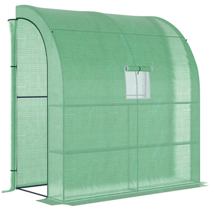 Outsunny Walk-In Lean to Wall Szklarnia z Oknami i Drzwiami, Zewnętrzna Szklarnia z 3 Poziomami 4 Półkami Drucianymi, 200L x 100W x 215Hcm, Zielony