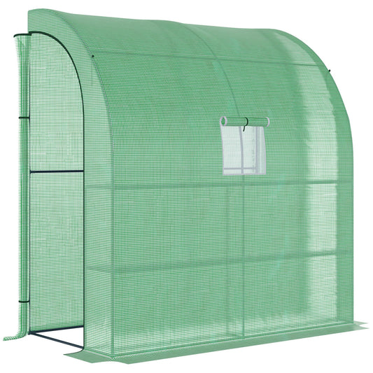 Outsunny Walk-In Lean to Wall Szklarnia z Oknami i Drzwiami, Zewnętrzna Szklarnia z 3 Poziomami 4 Półkami Drucianymi, 200L x 100W x 215Hcm, Zielony