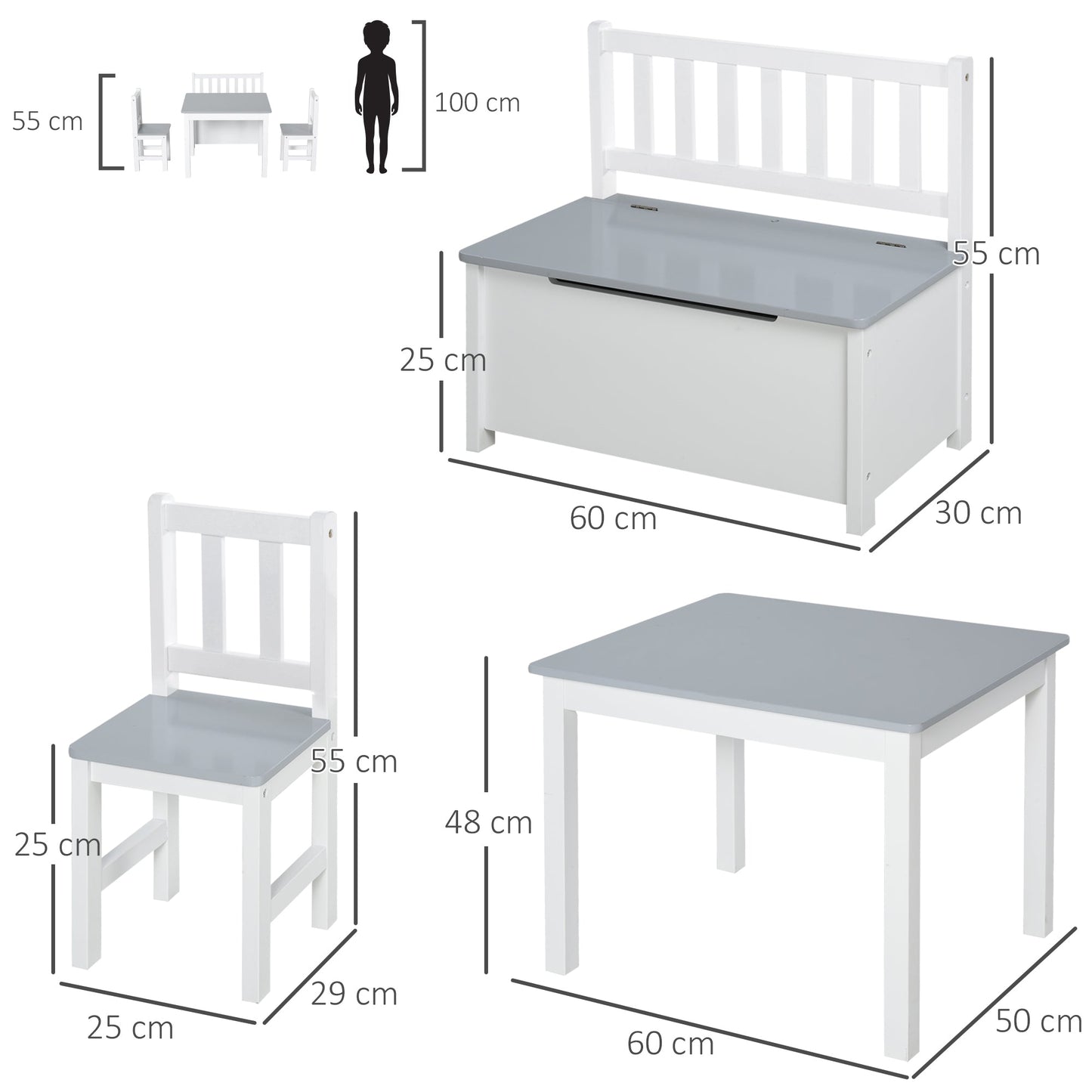 HOMCOM 4-Piece Kids Table and Chair Set with 2 Wooden Chairs, 1 Storage Bench, and Interesting Modern Design, Grey/White