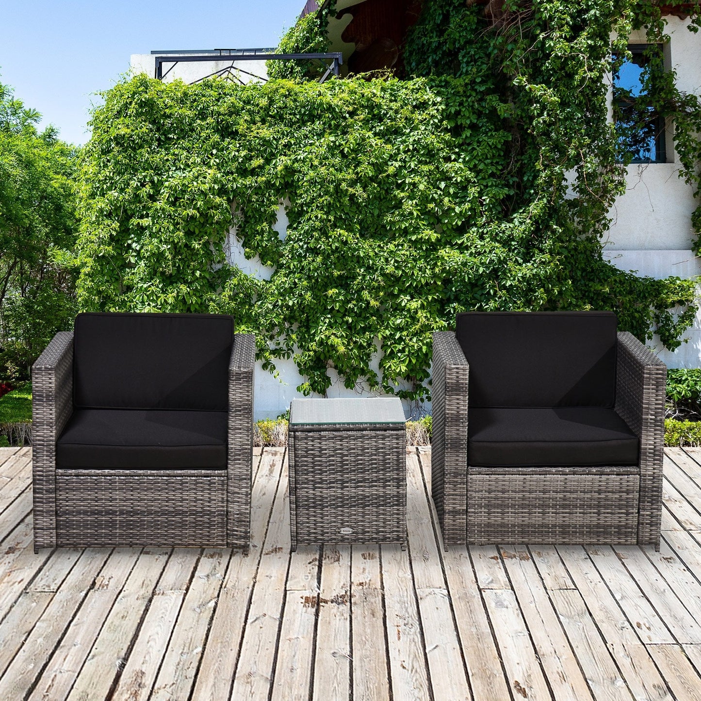 Outsunny 2 Seater Rattan Garden Furniture Sofa  Furniture Set W/Cushions, Steel Frame-Grey