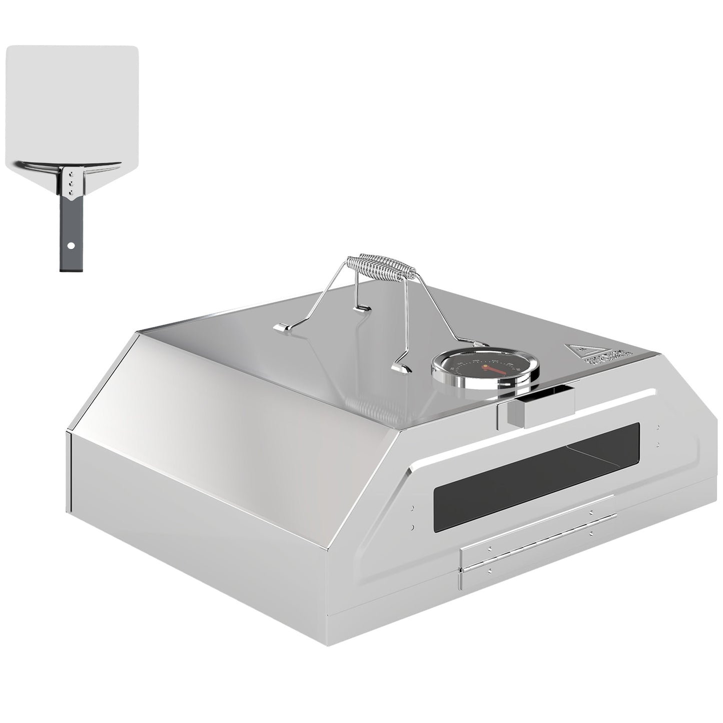 Outsunny 8 in Portable Stainless Steel BBQ Grill Top Pizza Oven with Built-in Thermometer and Viewing Window for Gas and Charcoal BBQ Grills, Includes Carry Handles, Pizza Stone and Peel, Silver Tone