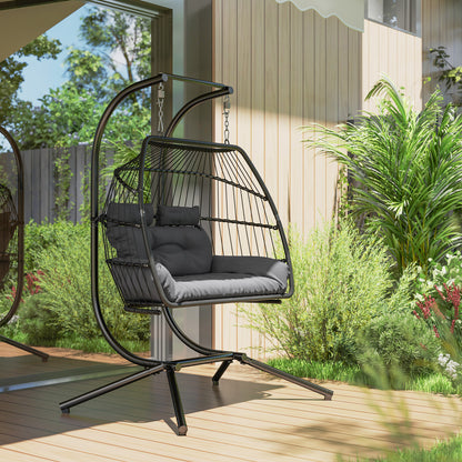 Outsunny Rattan Double Hanging Egg Chair ze stojakiem, składany wiklinowy fotel w kształcie jajka z poduszką, poduszki pod głowę, stalowa rama, fotel hamakowy do wewnątrz i na zewnątrz, nośność 260 kg, ciemnoszary