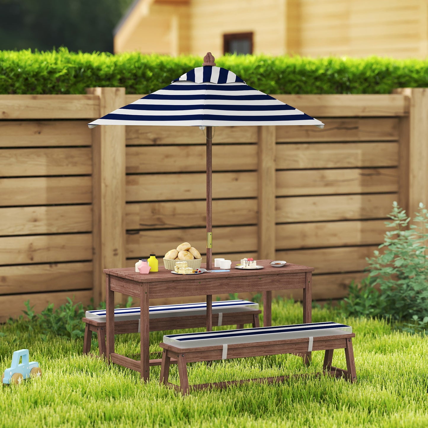 AIYAPLAY Outdoor Wooden Kids Picnic Table & Bench Set with Cushions and Umbrella, for Patio, Garden, Navy Blue