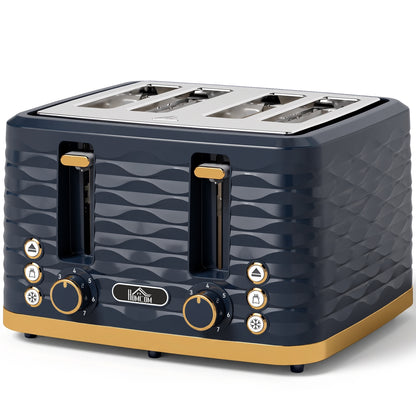 HOMCOM Toaster, Toaster 4 Slice with 7 Browning Levels, High Lift, Reheat/Defrost/Cancel, Dark Blue