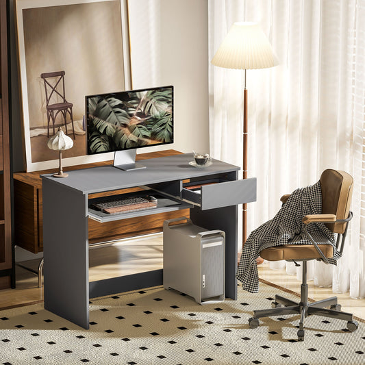 HOMCOM 100cm Compact Computer Desk with Keyboard Tray, Home Office Desk with Drawer for Bedroom Study, Grey