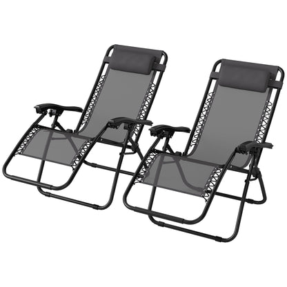 Outsunny Zero Gravity Chair Set of 2, Metal Frame Texteline Armchair Outdoor Folding and Reclining Sun Lounger with Head Pillow for Patio Decking Gardens Camping, Grey