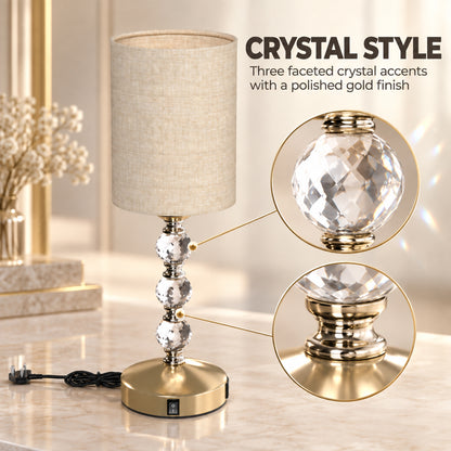 HOMCOM Bedside Lamp, Modern Crystal Decoration Table Lamp with PVC shade, USB A+C Charging Ports, Bulb Not Included, Gold Tone