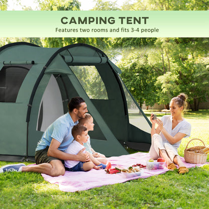 Outsunny Two Room Tunnel Tent Camping Tent for 3-4 Man with Windows, Covers, Carry Bag, for Fishing, Hiking, Sports, Green