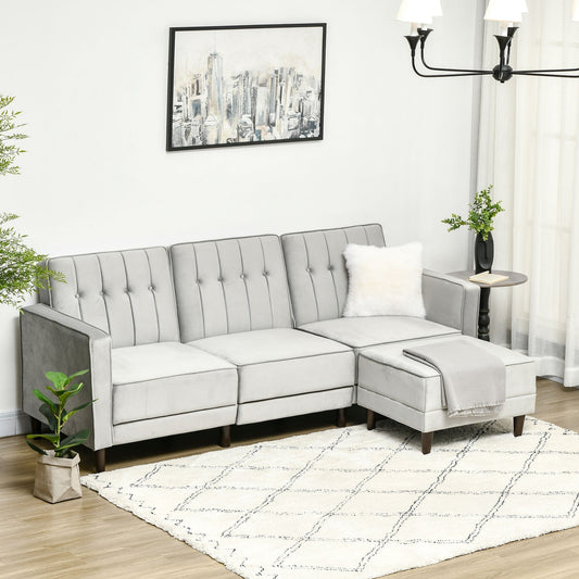 HOMCOM 3 Seater Sofa Bed with Portable Footstool, Light Grey