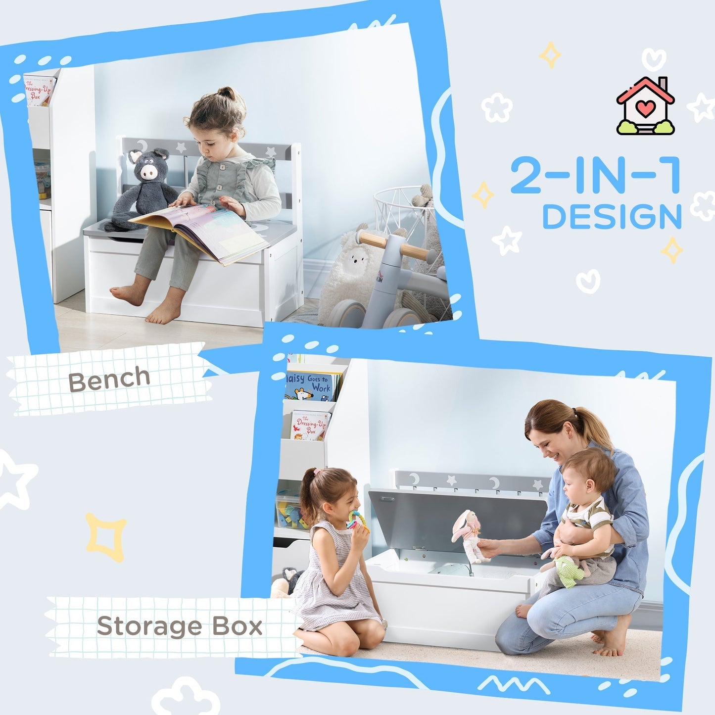 ZONEKIZ 2-IN-1 Wooden Toy Box, Kids Storage Bench Toy Chest with Safety Pneumatic Rod, Star & Moon Pattern, Grey