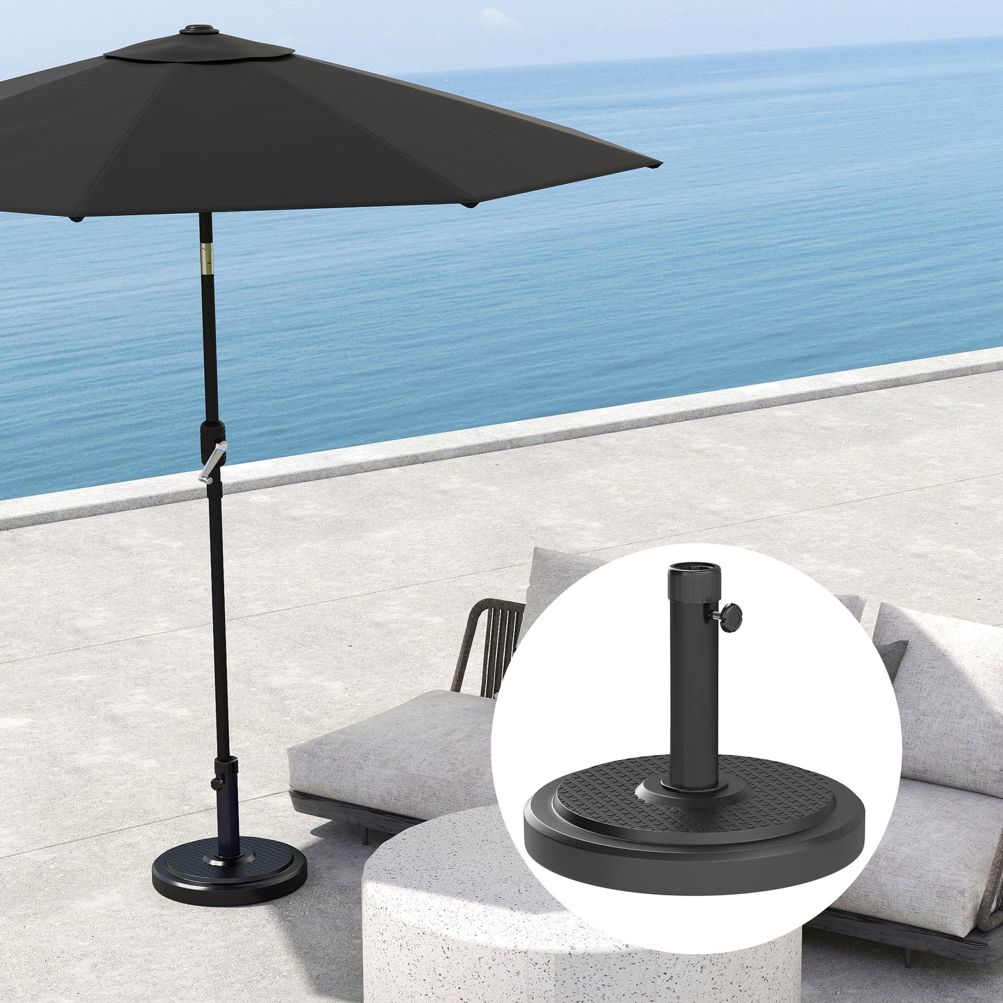 Outsunny 22kg Garden Parasol Base, Round HDPE Sun Umbrella Base, Heavy Duty Outdoor Umbrella Stand for 38mm or 48mm Outdoor Umbrella Poles, Black
