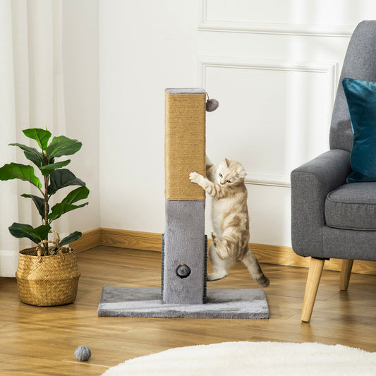 PawHut Cat Scratching Post, 79cm Tall Jute Scratcher Climber, Cat Tree Activity Center with Carpet Base, Dangling Ball, Grey w/ Ball Base