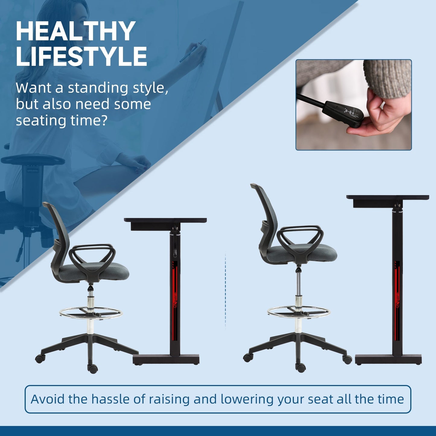 Vinsetto 102.5-126cm Draughtsman Office Chair, with Footrest - Grey