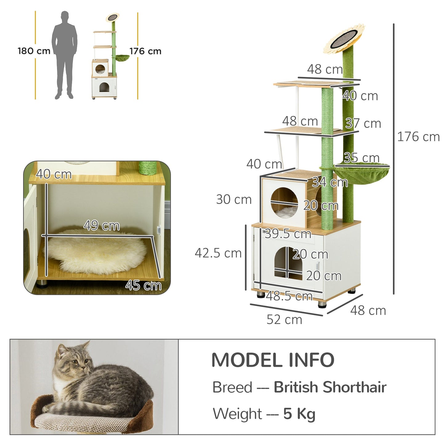 PawHut Cat Tree with Cat Litter Box for Indoor Cats, Cat Enclosure with Scratching Post, Cat Condo, Hammock, Platforms, Removable Cushions, Oak