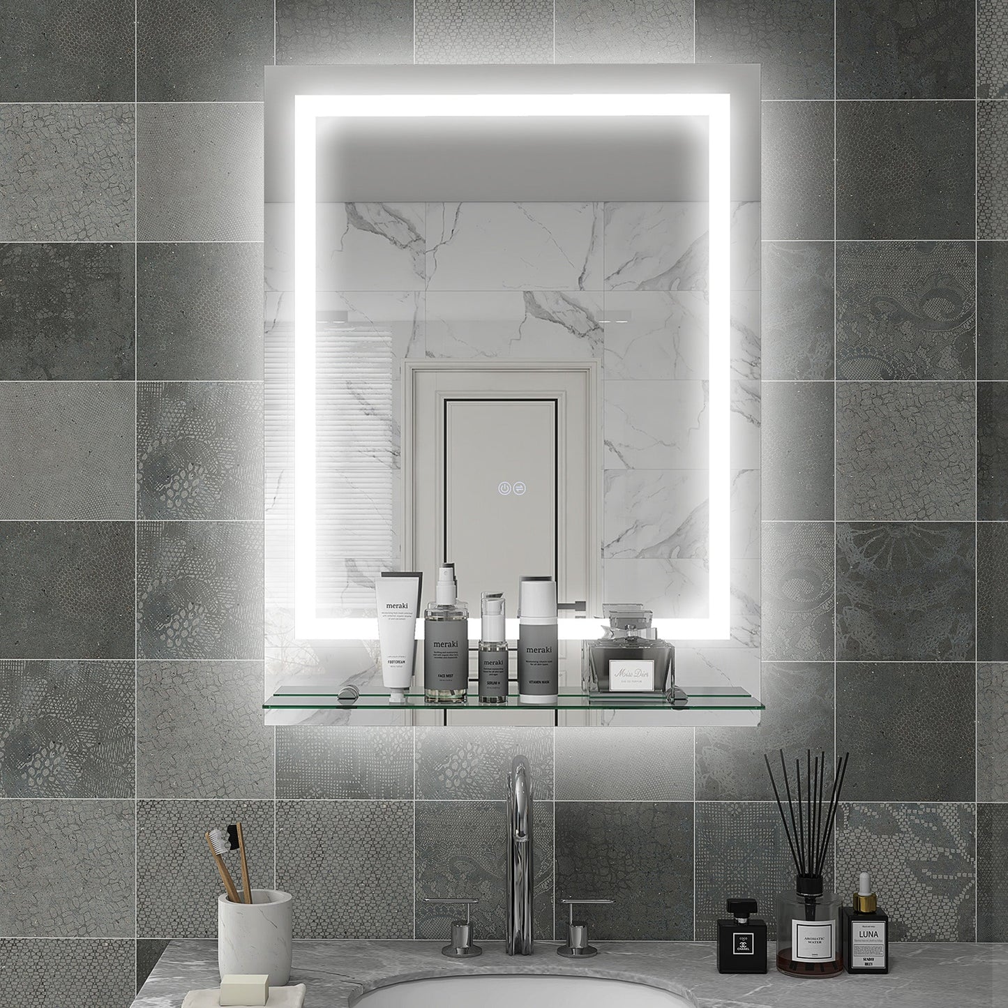 Lustro łazienkowe kleankin LED z oświetleniem i półką, podświetlane lustro do makijażu, lustro toaletkowe z 3 kolorami, Smart Touch, przeciwmgielne