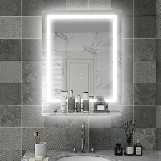 Lustro łazienkowe kleankin LED z oświetleniem i półką, podświetlane lustro do makijażu, lustro toaletkowe z 3 kolorami, Smart Touch, przeciwmgielne
