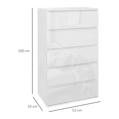 HOMCOM 5-Drawer Modern Dresser, High Gloss Storage Drawer Unit for Bedroom, White