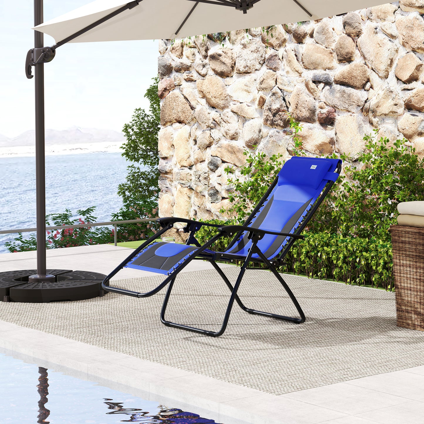 Outsunny Zero Gravity Lounger Chair, składany rozkładany fotel ogrodowy z wyściełanym siedziskiem, uchwytem na kubek, miękką poduszką i zagłówkiem do użytku przy basenie, kempingowy, niebieski
