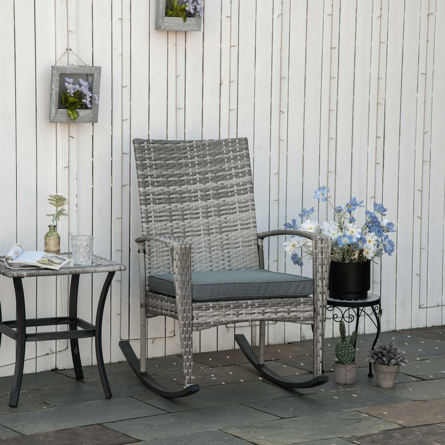 Outsunny Rattan Rocking Chair Rocker Garden Furniture Seater Patio Bistro Relaxer Outdoor Wicker Weave with Cushion - Light Grey