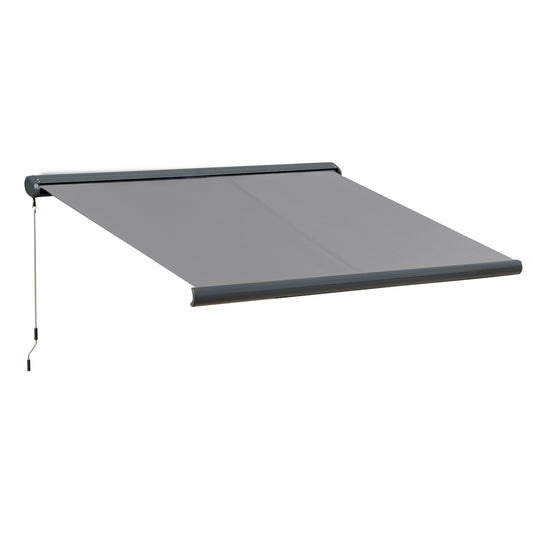 Outsunny 3.5x3m LED Light Full Cassette Case Electric/Manual Awning Door Window Sun Shade Patio Canopy Retractable w/ Remote Grey