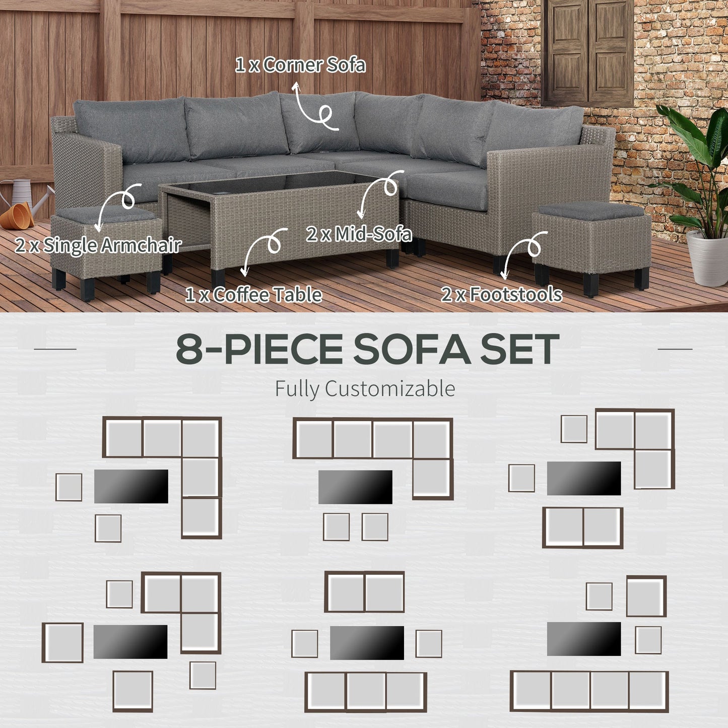 Outsunny 8 PCS Outdoor PE Rattan Sofa Set, Patio All Weather Twin Wicker Conservatory Corner Sofa Furniture, w/ Tempered Glass Coffee Table & Cushions for Lawn, Garden, Grey