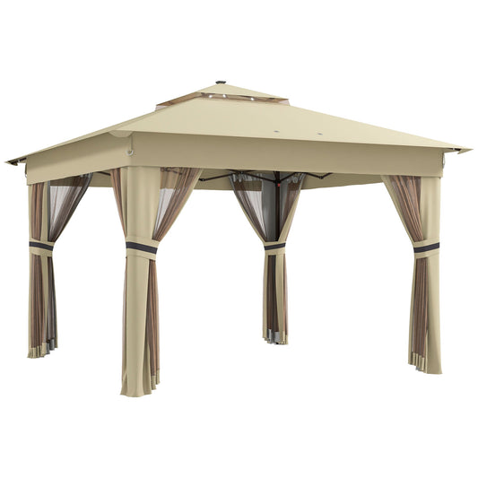 Outsunny 3 x 3(m) Pop Up Gazebo Party Tent z lampami LED zasilanymi energią słoneczną, regulowana osłona na imprezy z siatką, khaki