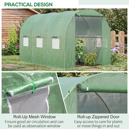 Outsunny Walk-in Polytunnel Greenhouse, Outdoor Garden Tunnel Greenhouse Tent with Zipped Roll-Up Door and 6 Mesh Windows, 3 x 2M