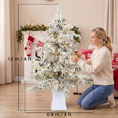 HOMCOM 4ft Prelit Flocked Christmas Tree, Artificial Snow Flocked Spruce with 160 Warm White LED Lights, 8 Modes, Green