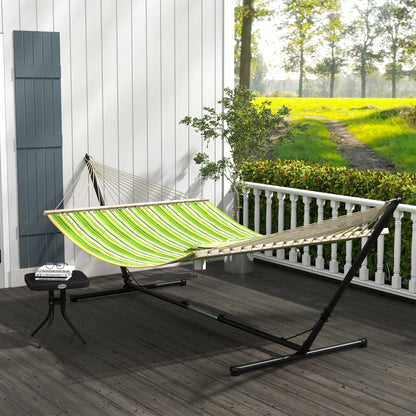 Outdoor Garden Hammock W/ Stand, Double Cotton Hammock, Adjustable Steel Frame, Swing Hanging Bed W/  Pillow For Garden, Patio, Beach, Green Stripes