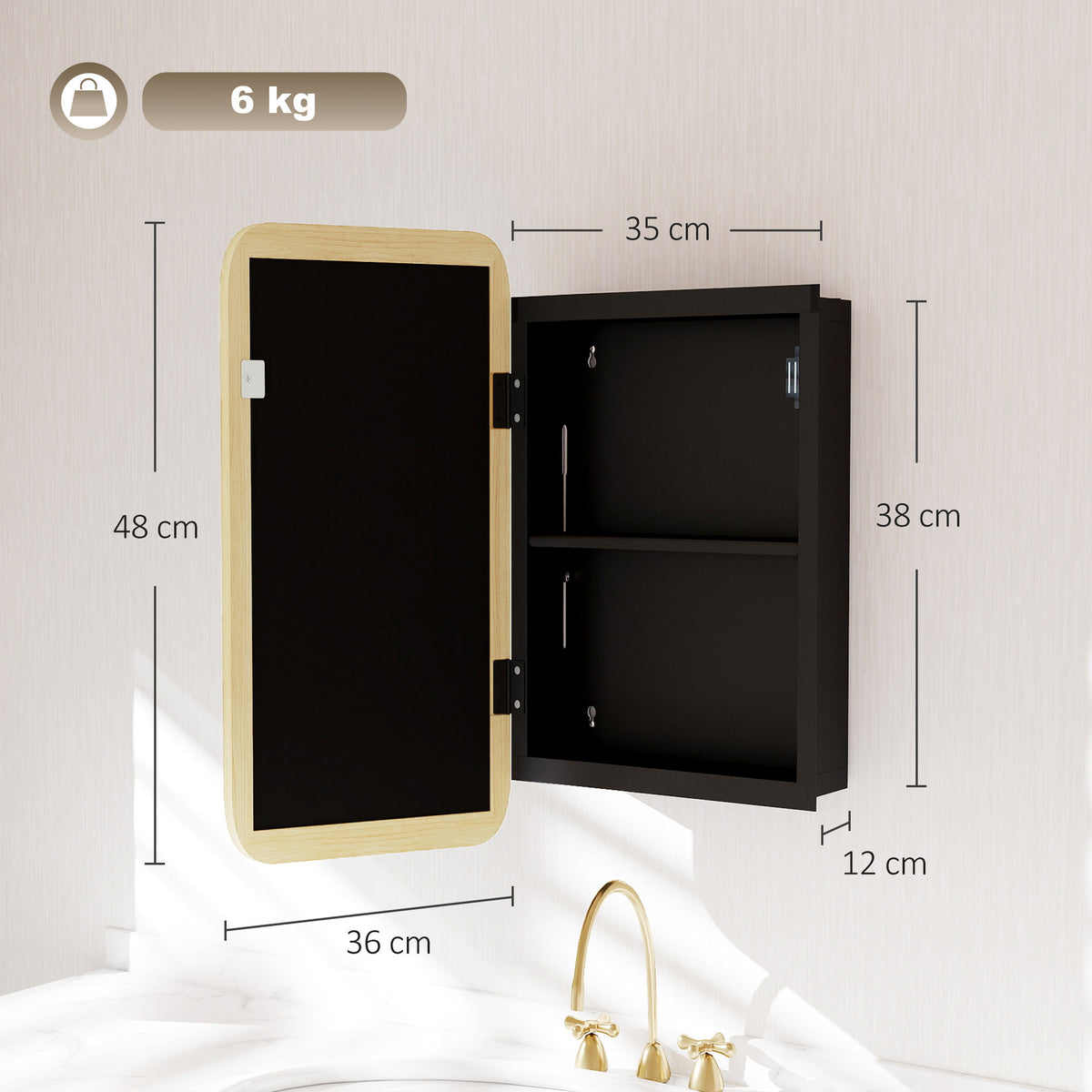 HOMCOM Bathroom Medicine Mirror Cabinet, Bathroom Wall Cabinet w/ Storage, Magnetic Door, Adjustable Shelf, Natural Wood Finish