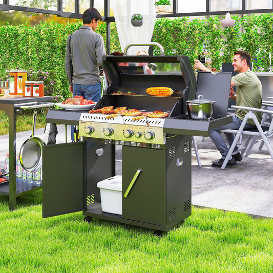 Grill gazowy Outsunny 4+1 z przezroczystą pokrywą, przenośny grill gazowy z wbudowanym termometrem, stolikiem bocznym, szafką, kółkami, tacką na tłuszcz do grillowania na przyjęciach ogrodowych na świeżym powietrzu, czarny