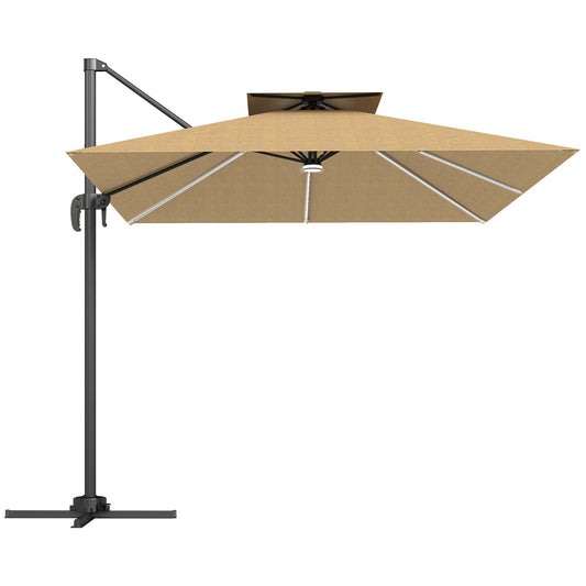 Outsunny 2,5 m parasol wspornikowy z lampami LED zasilanymi energią słoneczną, obrót 360√Ç¬∞, regulacja nachylenia, korba, khaki