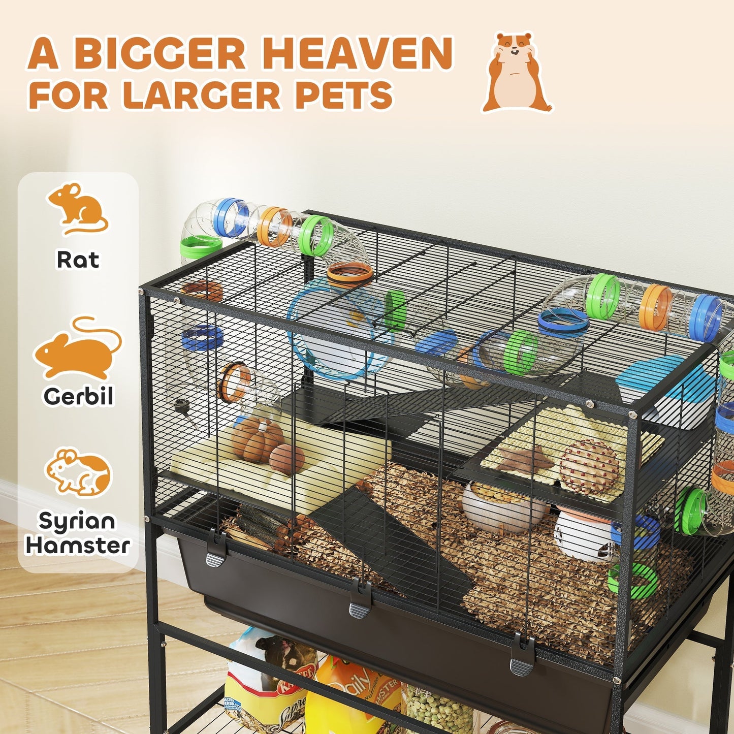 PawHut 3 Tier Large Hamster Cage on Wheels with 17 cm Deep Tray, Storage Shelf for Syrian, Gerbil, Rats