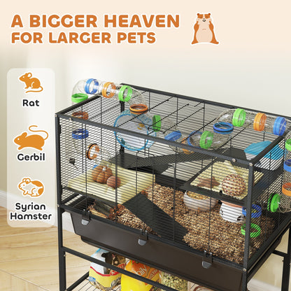 PawHut 3 Tier Large Hamster Cage on Wheels with 17 cm Deep Tray, Storage Shelf for Syrian, Gerbil, Rats