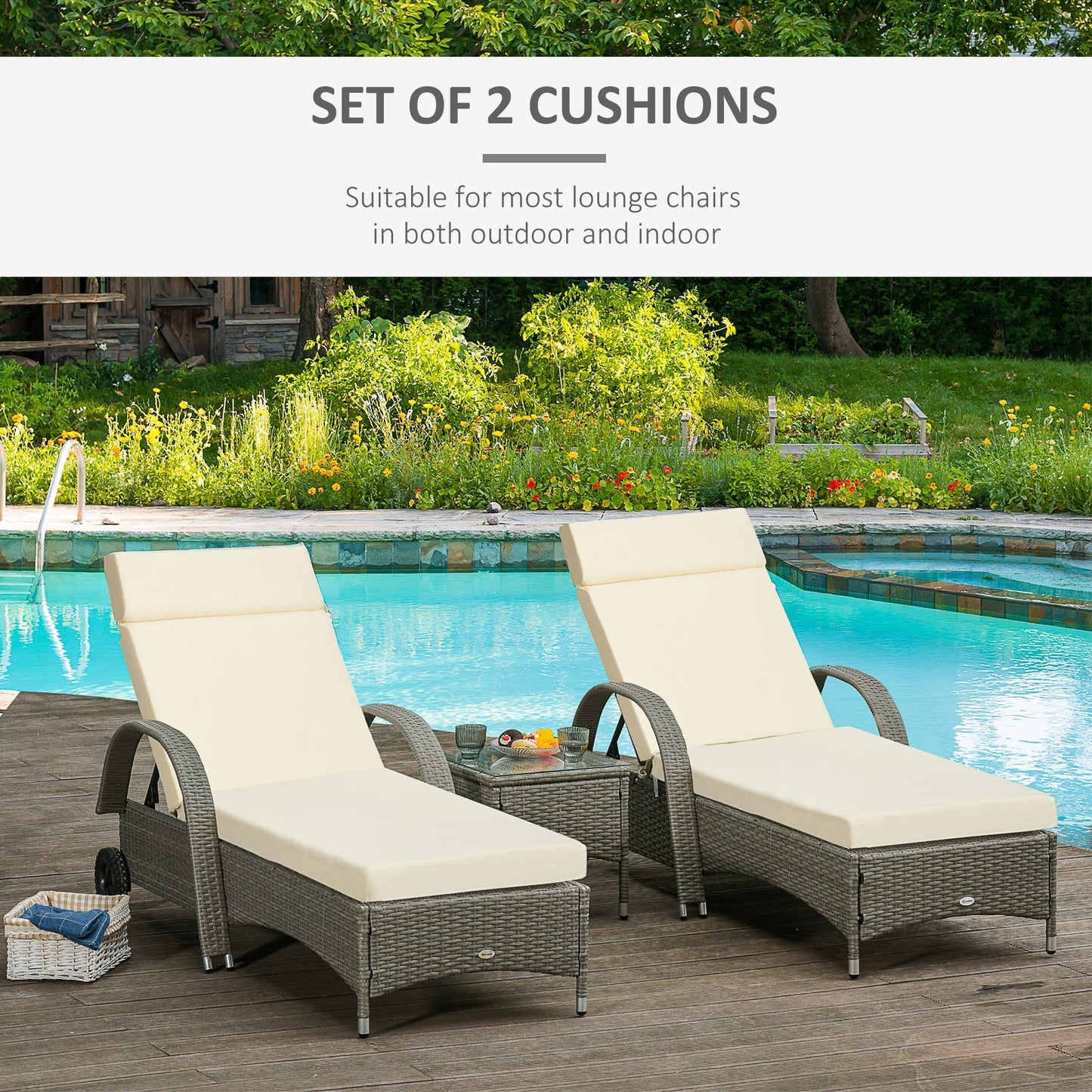 Outsunny Set of 2 Sun Lounger Cushions, Replacement Cushions for Rattan Furniture with Ties, 196 x 55 cm, Cushion ONLY, Cream White